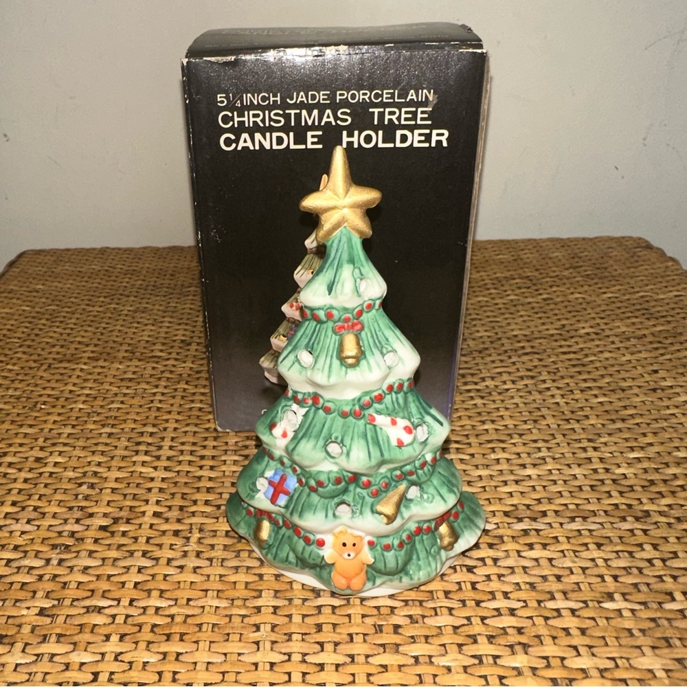 Vintage Jade Porcelain Christmas Tree Candle Holder Green Holiday Original Box
